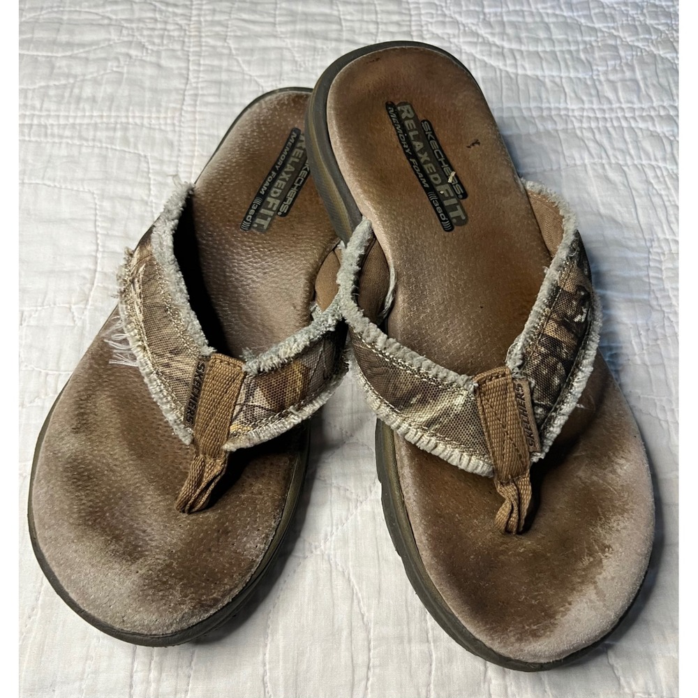Skechers Relaxed Fit Memory Foam Camo Flip Flops Mens Brown Camouflage Sandals
